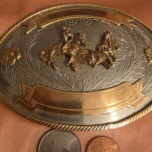 Vintage Metal Belt Buckle, Brass and Silver, Big Size, Calf Roping, Cattle